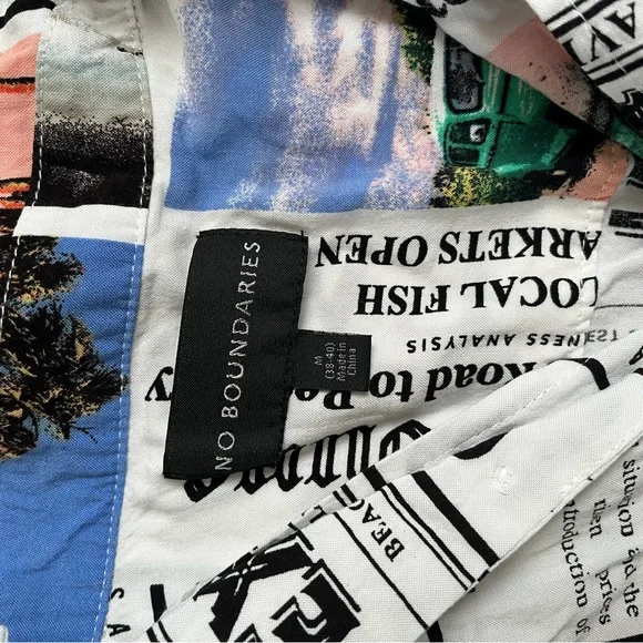 NWOT Newspaper Print Short Sleeve Shirt in White with Blue & Pink Accents - Picture 4 of 4